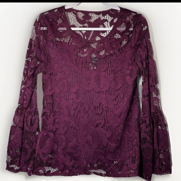INC International Concepts Tops - INC Women's Lace Top Sheer Bell Sleeve Purple Burgundy Size S Dark Fairy Boho